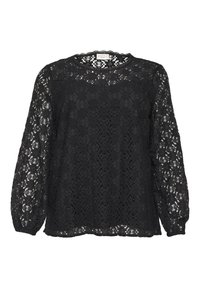 Bluză neagră cu dantelă, cu mâneci lungi, model floral, guler rotund și manșete elastice. Croi ușor lejer, din material texturat.