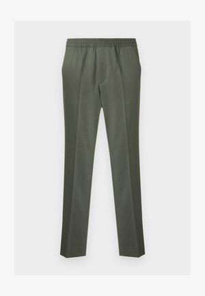 Olivgröna byxor av slät tyg, med resår i midjan och raka ben utan synliga fickor.