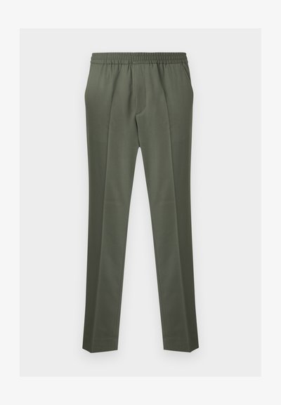 Παντελόνια σε ελαιοπράσινο χρώμα από λείο ύφασμα, με ελαστική μέση και ευθύ σχεδιασμό χωρίς ορατές τσέπες.