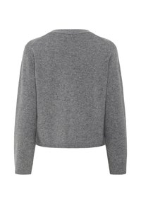 Gray knitted sweater, cropped design, long sleeves, soft texture, round neckline, plain fabric with no visible patterns or accents.