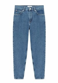 Jean en denim bleu taille haute, coupe droite, avec bouton et fermeture éclair à l'avant, deux poches avant et passants de ceinture.