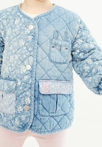 Gepatchte Jeansjacke in Hellblau, mit floralen Mustern, kontrastierendem Taschenstoff und dekorativen Nähten. Zwei Vordertaschen mit Knöpfen.