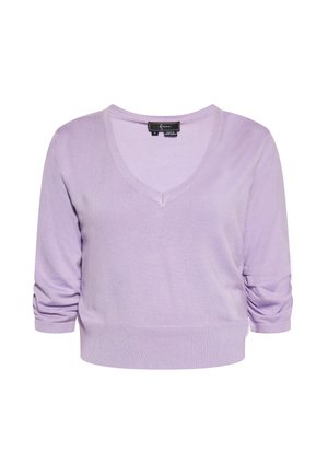 V-hals trui van zachte lavendelkleurige brei-stof, met driekwart mouwen met geplooid detail en een cropped ontwerp.