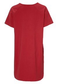 Rød bomulds T-shirt kjole med korte raglanærmer, rund halsudskæring og sidespalter. Glat tekstur og lige silhuet.