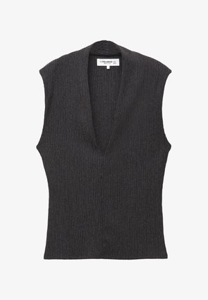 Crna bezrukavna majica s dubokim V-izrezom, s rebrastom teksturom i strukturiranim ramenima. Izrađena od laganog, rastezljivog materijala.