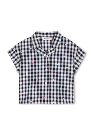 Short-sleeve black and white checkered shirt with multicolored heart-shaped embellishments and a chest pocket. Button-up front.