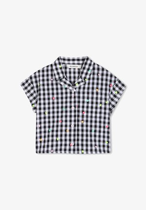 Chemise à manches courtes à carreaux noir et blanc avec des embellissements en forme de cœur multicolores et une poche poitrine. Devant à boutons.