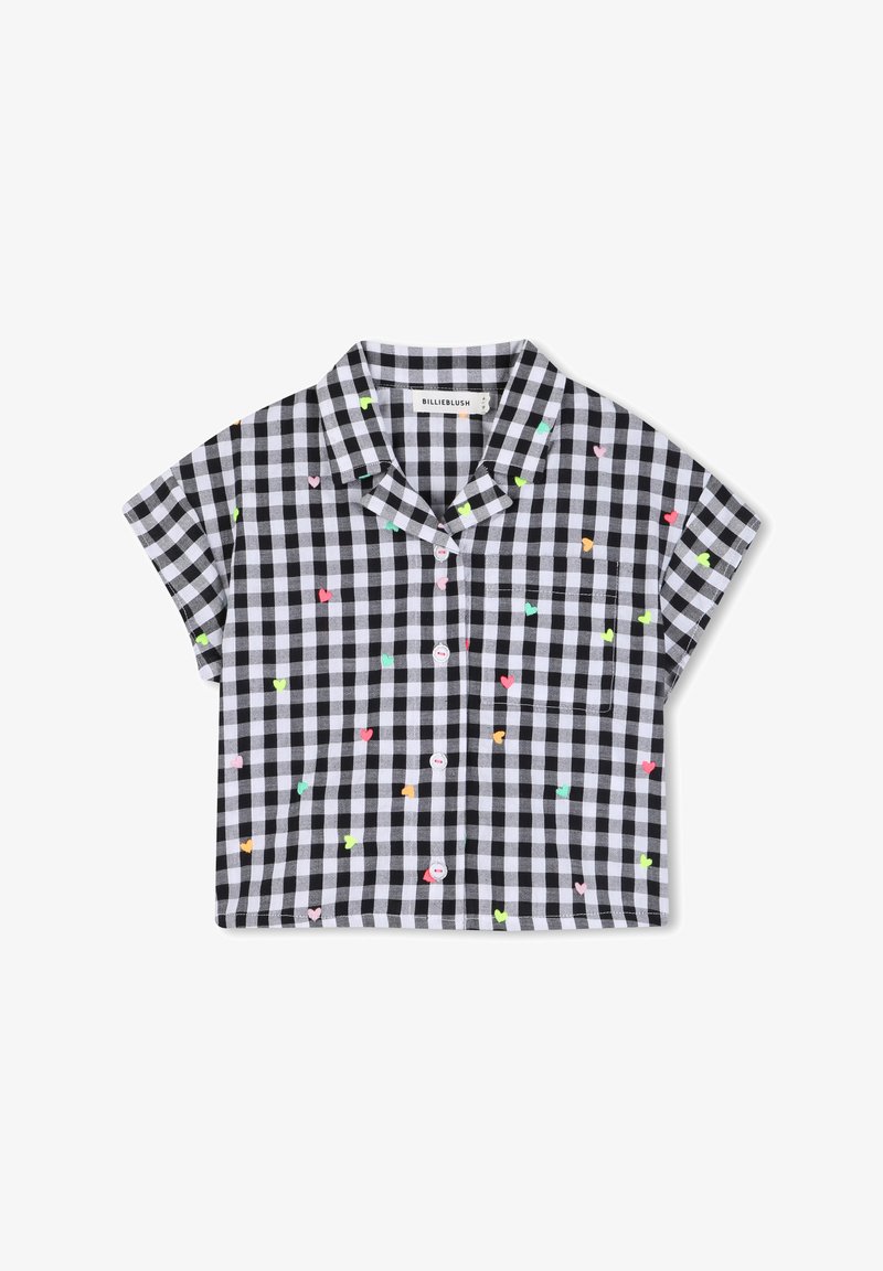Chemise à manches courtes à carreaux noir et blanc avec des embellissements en forme de cœur multicolores et une poche poitrine. Devant à boutons.