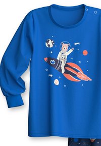 Long-sleeve blue shirt featuring a graphic of a bear in an astronaut suit riding a black rocket, with planets and stars in the background.
