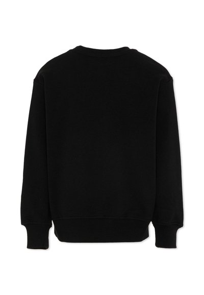 Sweat-shirt noir à col rond avec manches longues, poignets et ceinture côtelés, présenté de dos sur un fond blanc.