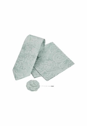 Svijetlozelena kravata s zamršenim paisley uzorkom, pripadajuća maramica za džep i cvjetna oznaka za rever. Glatka tekstura, elegantan dizajn.
