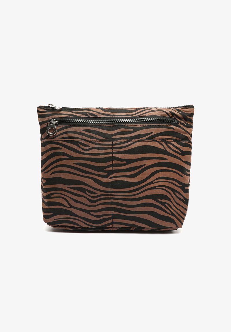 Ruda zebra juostelėmis padengta medžiaginė maišelė su juodu užtrauktuku viršuje, stačiakampio formos ir tekstūruota paviršiaus. Puikiai tinka daiktams organizuoti.