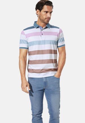 Gestreiftes Poloshirt aus weicher Baumwolle mit pastellfarbenen horizontalen Streifen in Pink, Blau und Braun, einem kontrastierenden Kragen und zwei Knöpfen.