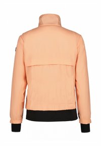 Lyhyt persikanvärinen takki, jossa on korkea kaulus, musta alahelma, joustavat hihansuut ja selkäpuolen sauma. Materiaali näyttää sileältä ja kevyeltä.