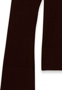 Brauner, gerippter Strickstoff mit verlängerten Ärmeln und glatter Textur. Hat einen sauberen Abschluss an den Ärmeln. Einfaches, ungeschmücktes Design.