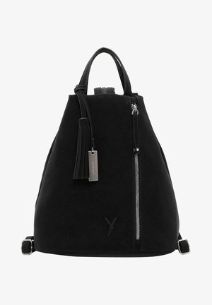 Sort suedetasker med frynseaccent, sølv lynlås og læderstropper. Har en struktureret form og en frontlomme med lynlås.