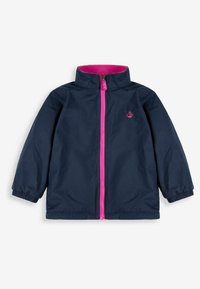 Navy jacket with a pink zipper and inner lining, featuring a stand collar and elastic cuffs. Includes a small logo on the chest.