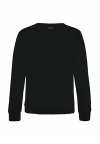 Zwarte sweatshirt met een ronde hals, lange mouwen en ribbelboorden bij de mouwen en onderkant. De stof lijkt zacht en tekstuurrijk, met een logo op de achterkant.