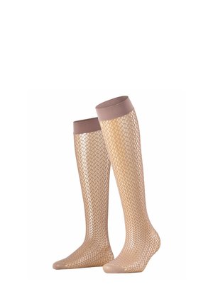 Par strømper til knæet med beige geometrisk diamantmønster og solide beige bånd øverst, ved tåen og hælen.