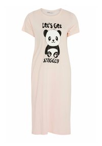 Pigiamino rosa con collo rotondo e maniche corte, dotato di una grafica di un panda in bianco e nero e la scritta "Let's Get Snuggly."