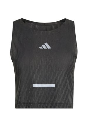 Zwart cropped sporttopje met een gestructureerd patroon, voorzien van een ronde hals, drie diagonale witte strepen en een zilveren Adidas-logo.