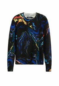 Pull noir avec des motifs abstraits colorés en bleu, rouge, vert et jaune. Col rond, manches longues et tissu en maille texturé.
