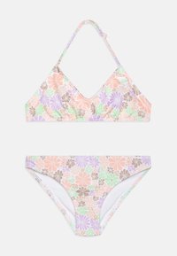 Bikini set in pastel colors featuring a floral pattern. The top has a V-neck and halter straps; the bottom is low-rise with side ruching.