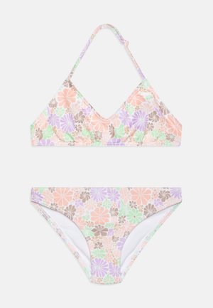Ensemble de bikini dans des couleurs pastel avec un motif floral. Le haut a un décolleté en V et des bretelles à nouer autour du cou ; le bas est taille basse avec un ruché sur les côtés.
