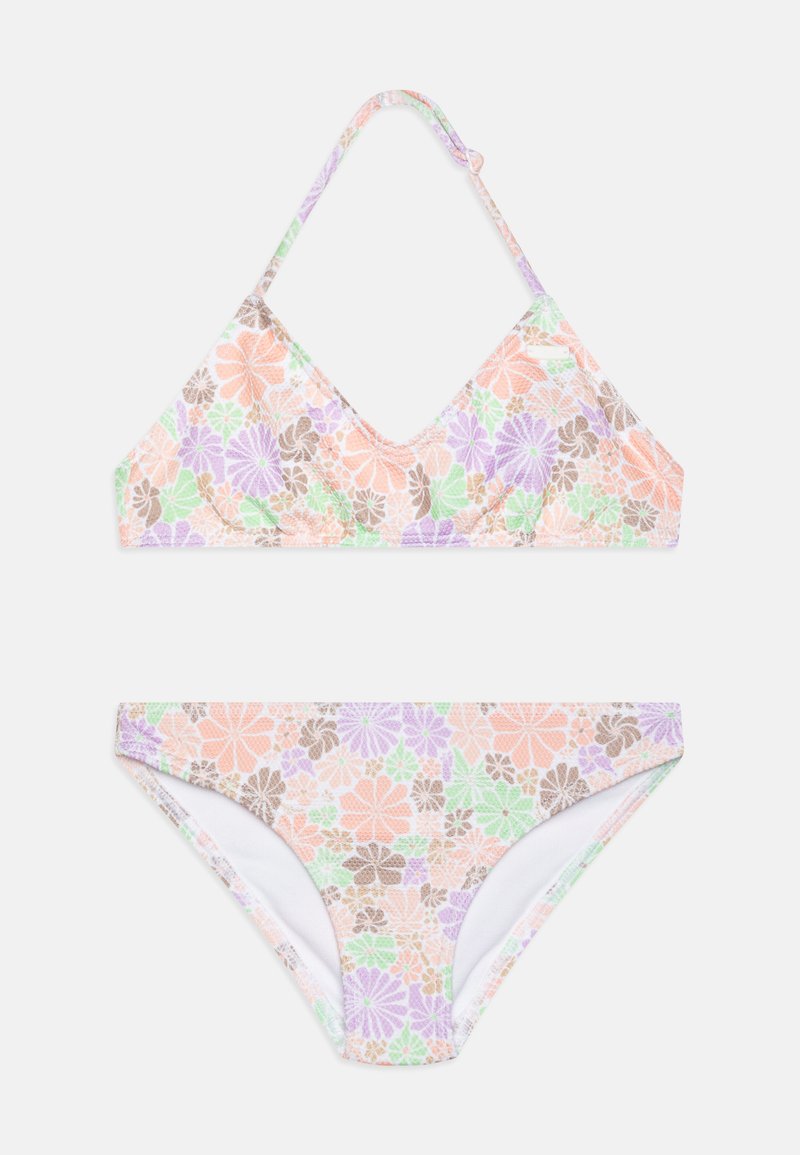 Bikini sæt i pastelfarver med blomsterprint. Toppen har V-hals og halterneck-stropper; bunden er lavtaljet med sidelægning.