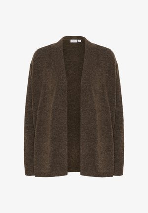 Cardigan marrone aperto davanti realizzato in un morbido tessuto texturizzato. Presenta maniche lunghe e una vestibilità rilassata, adatta per essere stratificata.