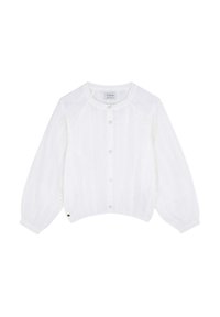 Blouse blanche courte en tissu texturé, avec un col rond, une fermeture à boutons sur le devant et des manches longues bouffantes avec des détails rayés subtils.