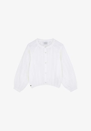 Blusa bianca accorciata realizzata in tessuto testurizzato, con colletto rotondo, chiusura con bottoni e maniche lunghe a sbuffo con dettagli a righe sottili.