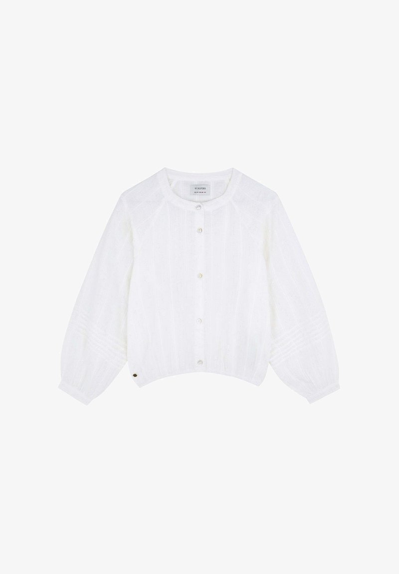 White cropped blouse made of textured fabric, featuring a round neck, button front, and puffed long sleeves with subtle striped detailing.