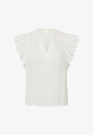 Valge silmadega top, millel on V-kaelus ja lühikesed volangvarrukad. Sellel on perforeeritud lilleline muster ja lõdva, mugava lõikega.