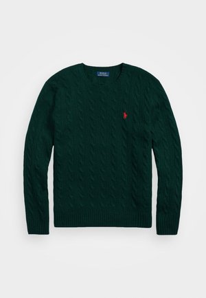 Dark green cable-knit sweater featuring a ribbed neckline and hem, with a small red logo on the left chest. Soft texture, long sleeves.