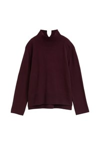 Maglione bordeaux con collo alto a costine, spalle scese e orlo dritto. Realizzato in un tessuto a maglia liscio e strutturato.