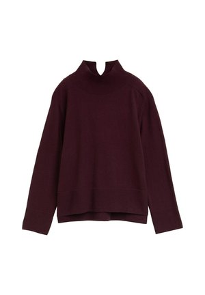 Pull-over bordeaux avec un col à nervures hautes, des épaules tombantes et un ourlet droit. Fabriqué à partir d'un tissu en tricot lisse et texturé.