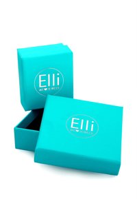 Scatola per gioielli turchese con una finitura lucida, caratterizzata da un logo rotondo che recita "Elli WE ♥ JEWELS", parzialmente aperta per rivelare un interno nero.