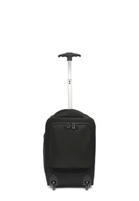 Black wheeled carry-on suitcase with telescopic handle extended, front zippered pocket, and two small wheels on white background.