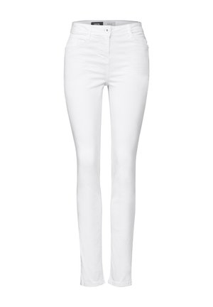 Jeans bianchi con una vestibilità slim, realizzati in denim, con chiusura a bottoni, design a cinque tasche e dettagli di cucitura sottili.