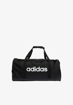 Mustapintainen duffel-laukku, joka on valmistettu kestävästä kankaasta. Laukussa on suuri valkoinen "adidas" -logo, kaksi kahvaa ja vetoketjullinen suljin.