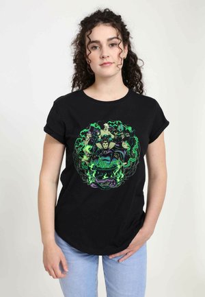 Black cotton t-shirt featuring a colorful graphic print of villains surrounded by green smoke. Short sleeves and a relaxed fit design.