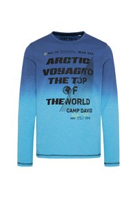 Long-sleeve T-shirt in gradient blue fabric. Features large black text, "ARCTIC VOYAGE TO THE TOP OF THE WORLD," and graphic accents.