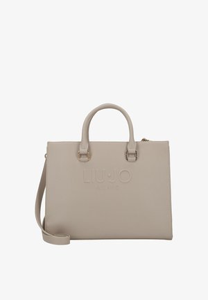 Sac à main rectangulaire beige avec double poignée, bandoulière amovible et logo embossé "Liu Jo Milano" sur le devant.