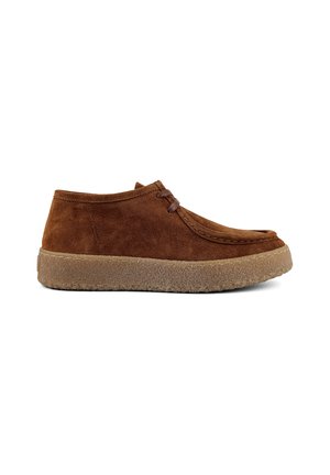 Brown suede ankle boots with a textured beige rubber sole. Features a stitched upper and lacing detail for a secure fit.