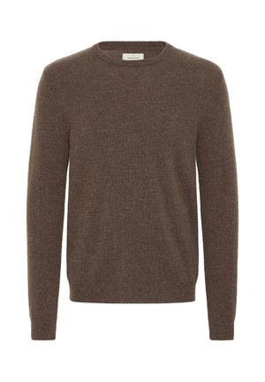 Brun strikkegenser med rund hals, lange ermer og en myk tekstur. Enkel design uten synlige mønstre eller detaljer.