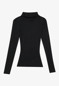 Schwarzes Langarmoberteil mit einem Cowl-Ausschnitt, taillierter Form und glatter Textur. Es hat keine sichtbaren Beschläge oder Muster.