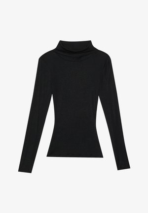 Haut noir à manches longues avec un col drapé, forme ajustée et texture lisse. Ne présente aucun matériel visible ni motifs.