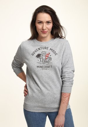Felpa grigia con maniche lunghe con una stampa grafica di personaggi di Minecraft e elementi tropicali con testo "Modalità Avventura."