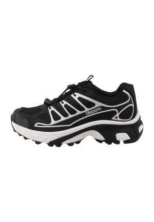 Schwarz-weißer Kappa Trailrunning-Schuh mit Mesh-Obermaterial, dicker gepolsterter Sohle und Schnellzugschnürung für den Außeneinsatz.